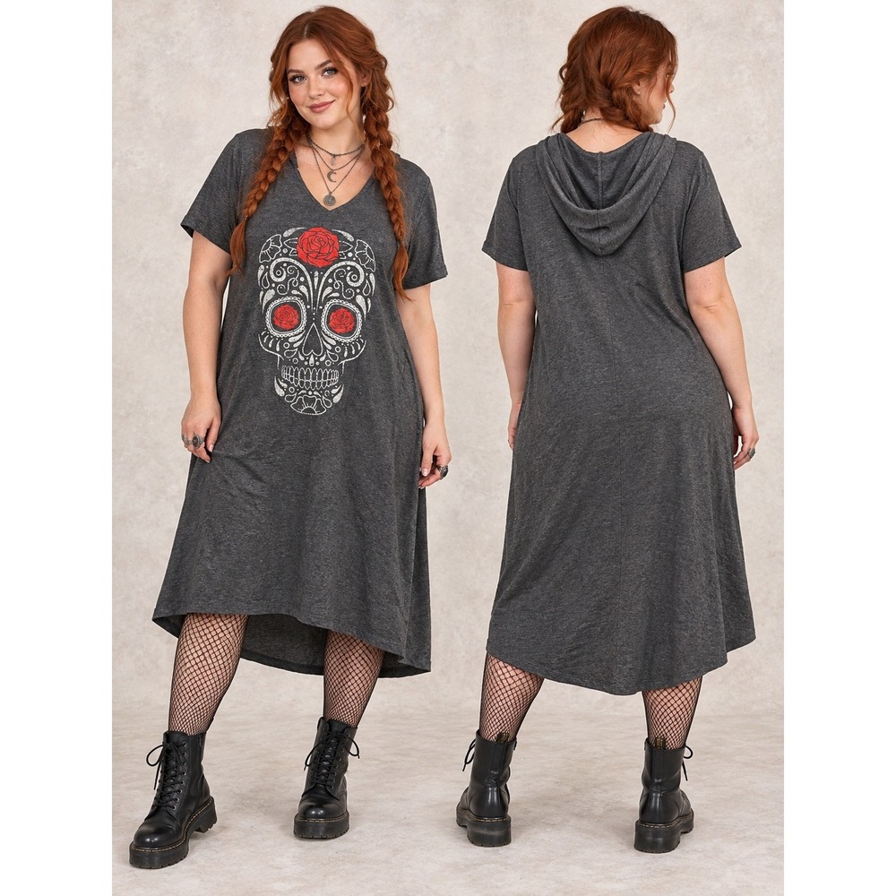 Whimsigoth Fairygrunge Sugar Skull Gray Red Roses Hoodie HighLow 2XL Midi Dress